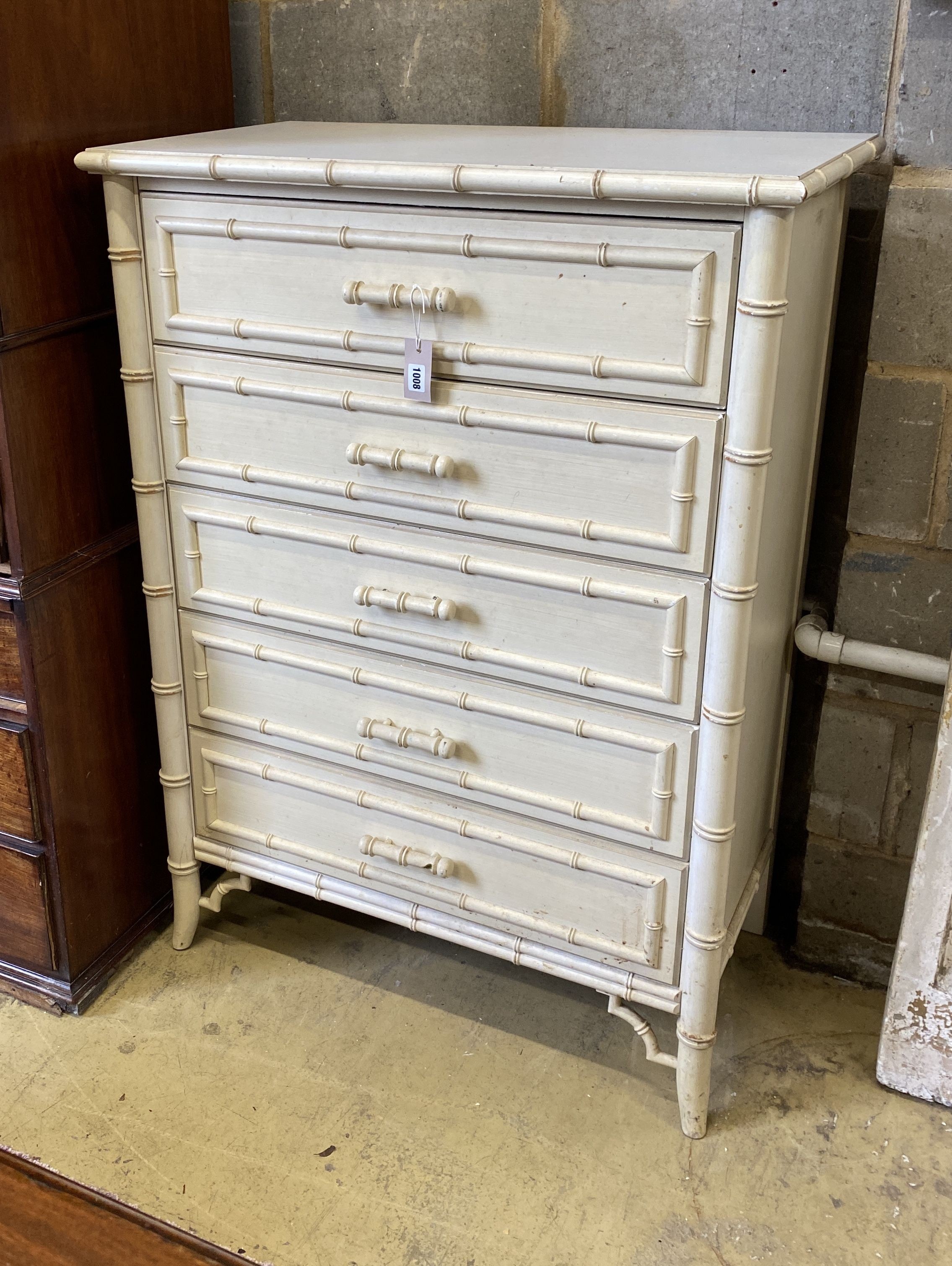 A cream painted faux bamboo chest of five drawers, width 86cm, depth 49cm, height 120cm